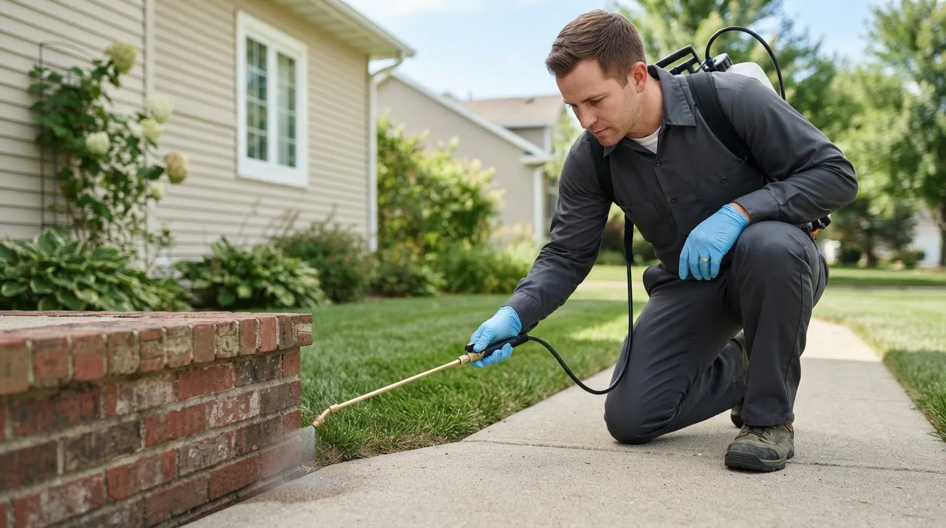 Pest control technician treating a home near Clawson, UT
